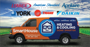 SmartHouse truck with industry logos, Lennos American Standard Aprilaire York Trane Daikin