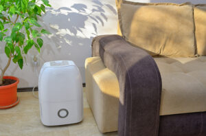 portable humidifier in living room next to couch