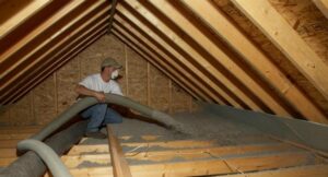 masked man blowing cellulose insulation into attic